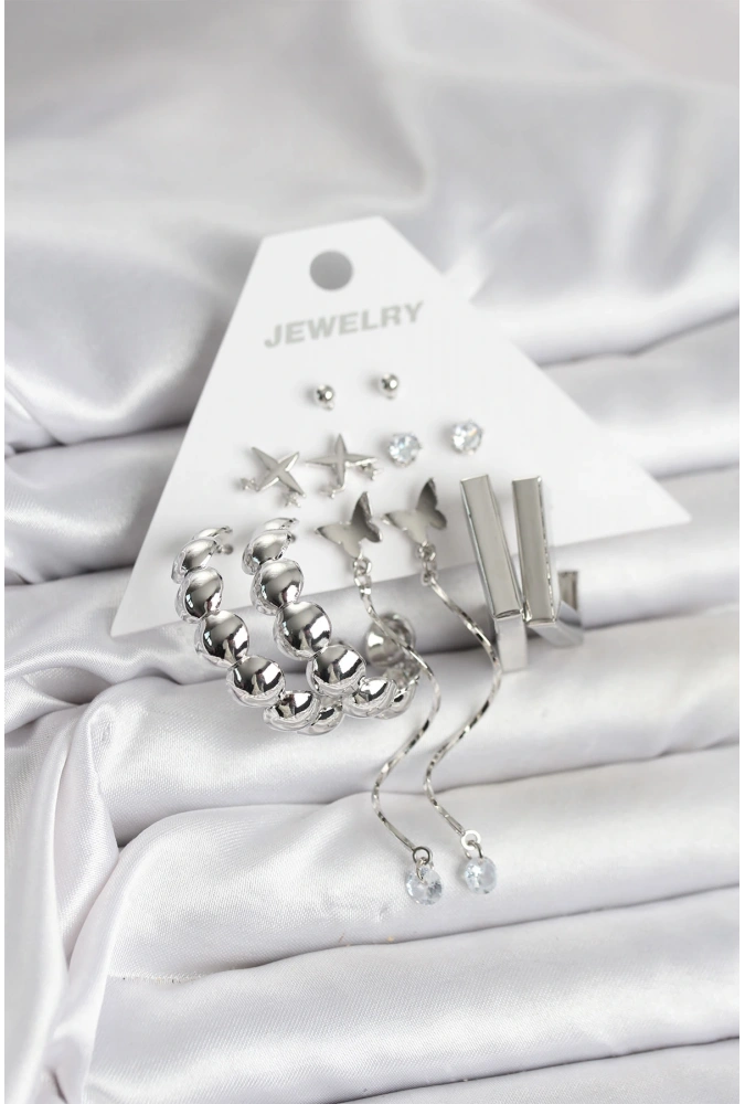 Shoecide Gümüş Renk Pirinç 6lı Kadın Küpe Seti