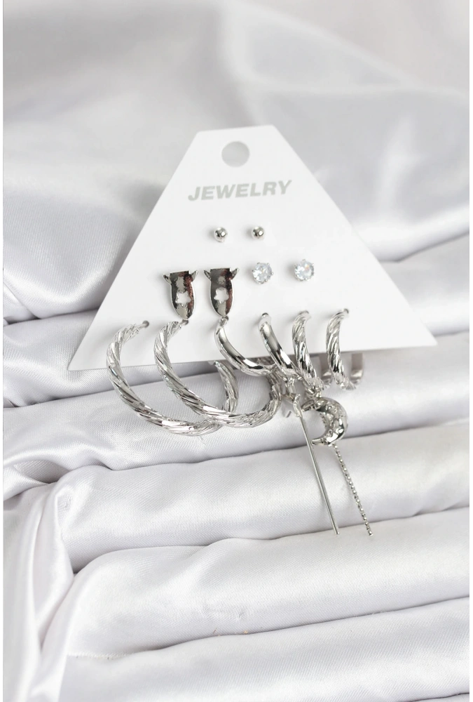 Shoecide Gümüş Renk Pirinç 6lı Kadın Küpe Seti