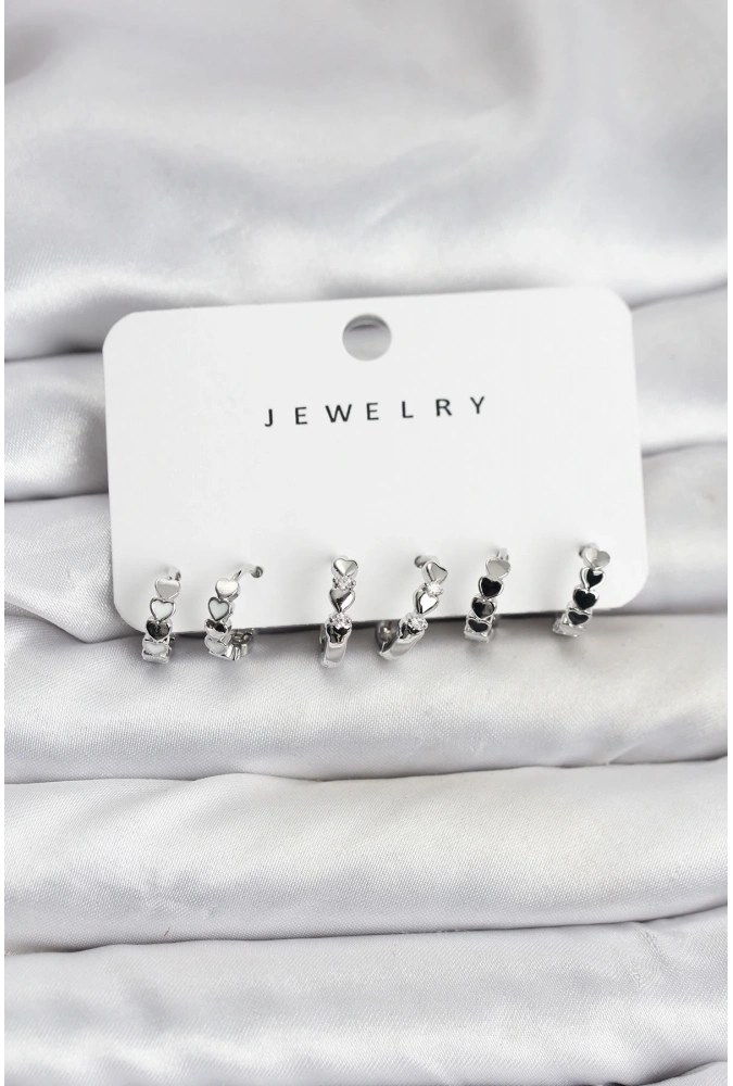 Shoecide Gümüş Renk Pirinç Minimal Kalp Detaylı Kadın Küpe Seti