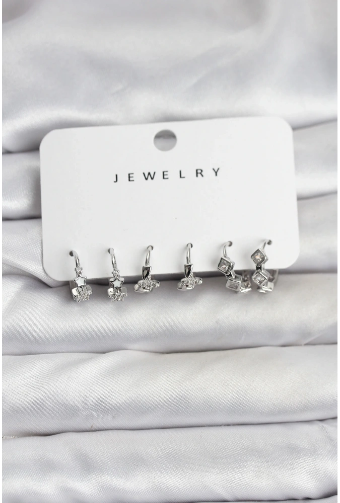 Shoecide Gümüş Renk Pirinç Yıldız Modelli Kadın Küpe Seti