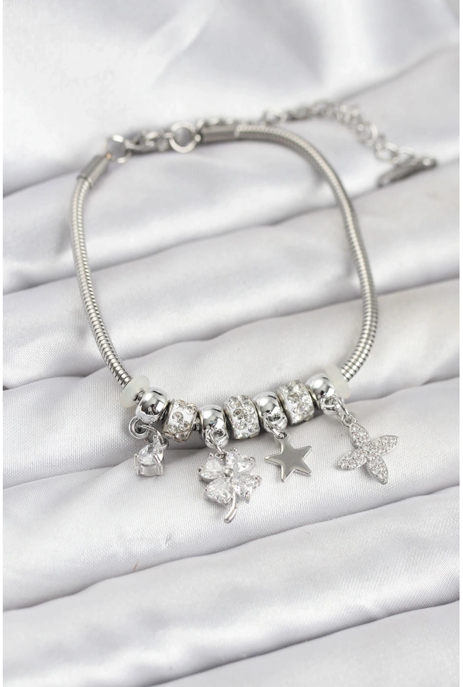 Shoecide Gümüş Renk Pirinç Yonca Charmlı Kadın Bileklik