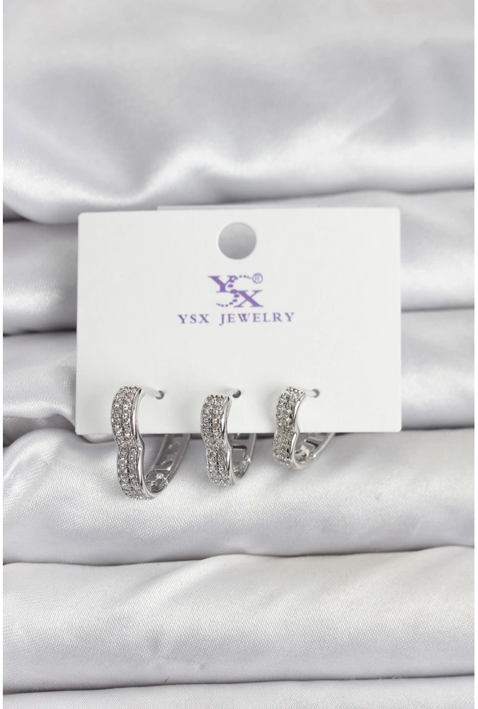 Shoecide Gümüş Renk Pirinç Zirkon Taşlı Kalpli Kadın Küpe