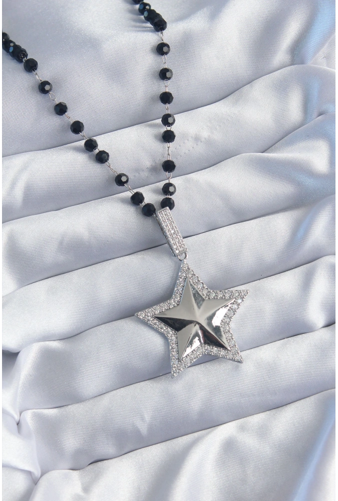 Shoecide Gümüş Renk Siyah Boncuk Zirkon Taşlı Pirinç Yıldız Model Vip Seri Kadın Kolye