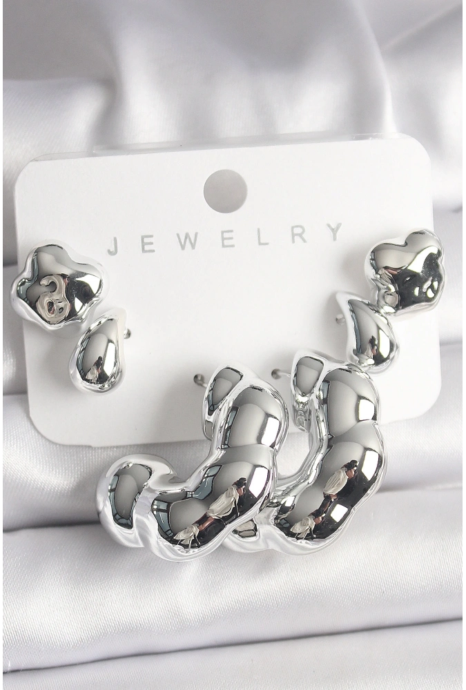 Shoecide Gümüş Renk Yonca Damla Halka Model Ccb Plastik Kadın Küpe Seti