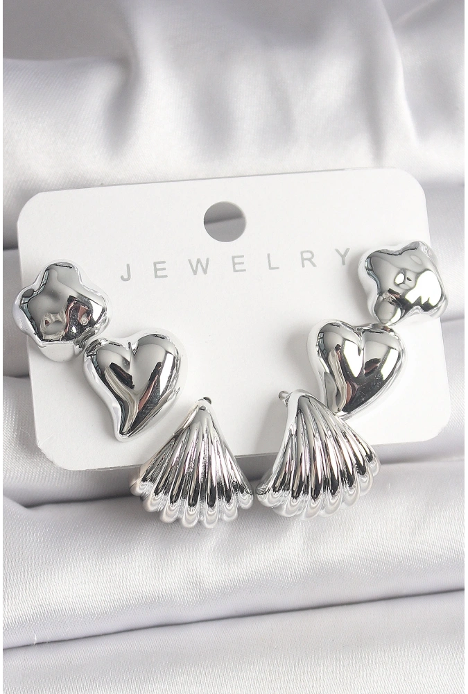 Shoecide Gümüş Renk Yonca Kalp Deniz Kabuğu Figür Ccb Kadın Küpe Seti