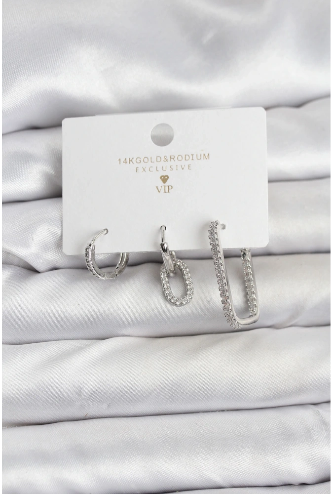 Shoecide Gümüş Renk Zirkon Taşlı 3lü Kadın Küpe Seti