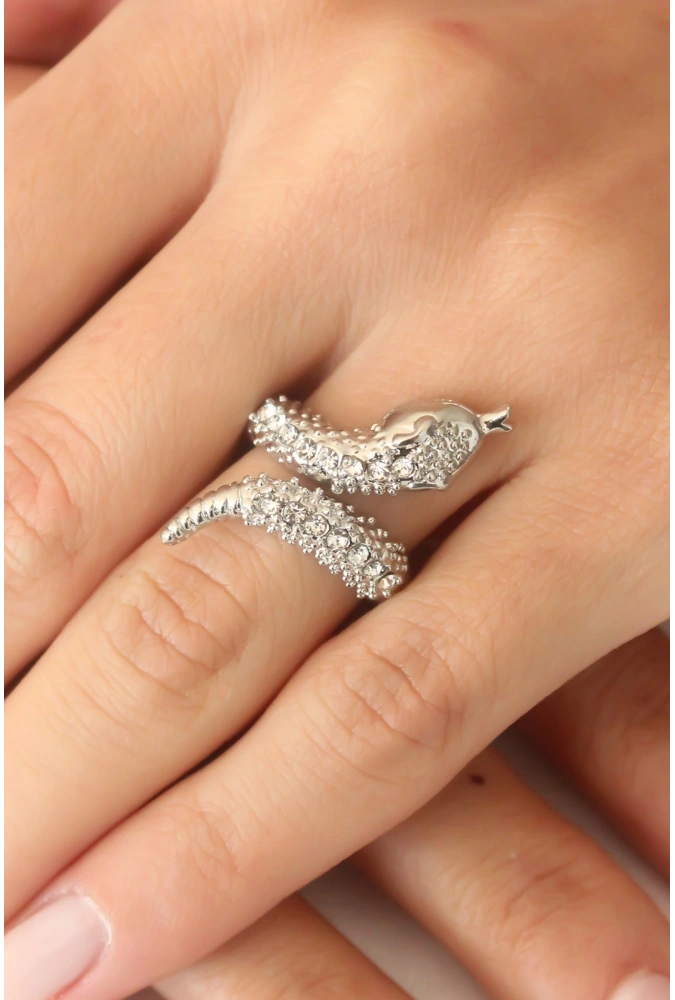 Shoecide Gümüş Renk Zirkon Taşlı Ayarlanabilir Kadın Yılan Yüzük