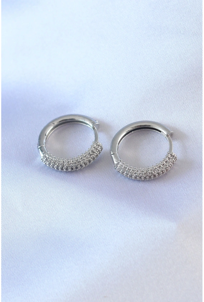 Shoecide Gümüş Renk Zirkon Taşlı Halka Model Pirinç Kadın Küpe