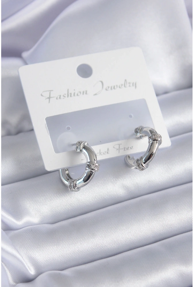 Shoecide Gümüş Renk Zirkon Taşlı Halka Model Pirinç Kadın Küpe