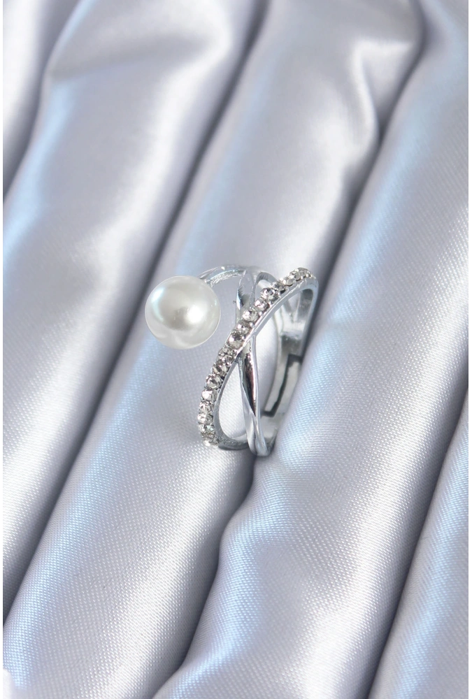 Shoecide Gümüş Renk Zirkon Taşlı İncili Kadın Yüzük