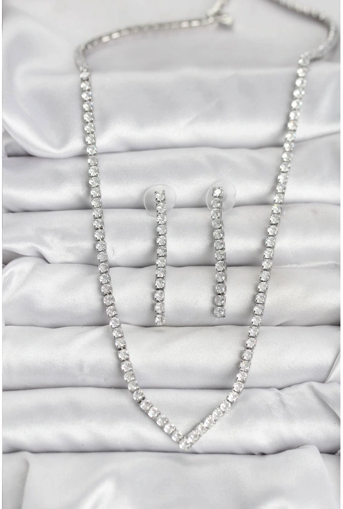 Shoecide Gümüş Renk Zirkon Taşlı Kadın Kolye Küpe Seti