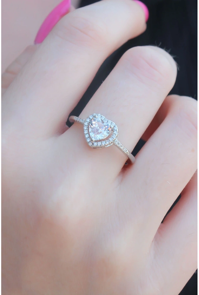 Shoecide Gümüş Renk Zirkon Taşlı Kalp Model Charm Pirinç Kadın Yüzük