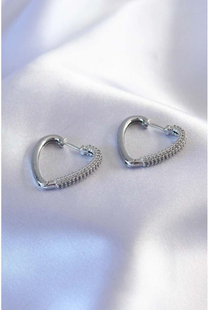 Shoecide Gümüş Renk Zirkon Taşlı Kalp Model Kadın Küpe