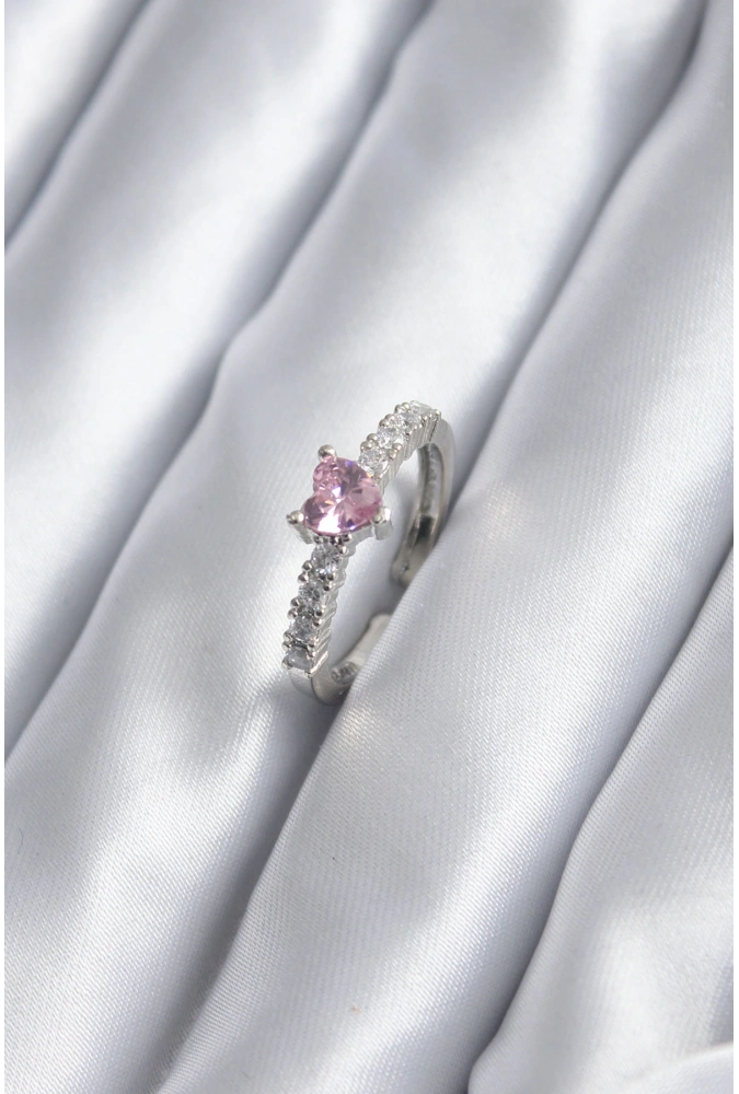 Shoecide Gümüş Renk Zirkon Taşlı Pembe Kristal Kalp Model Kadın Yüzük