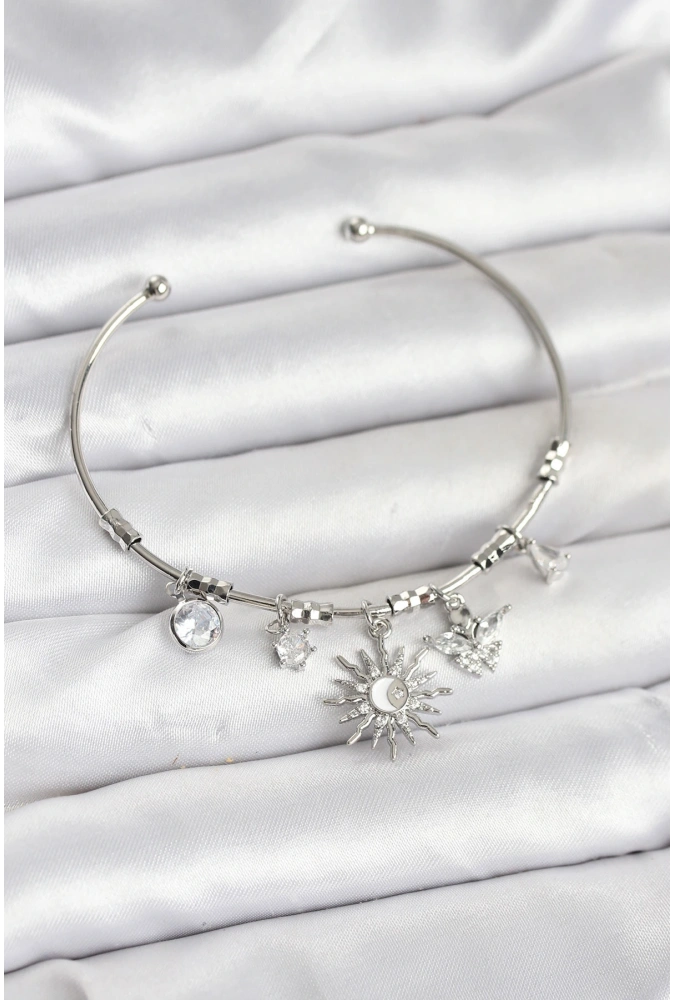 Shoecide Güneş Charmlı Gümüş Renk Pirinç Kadın Bileklik