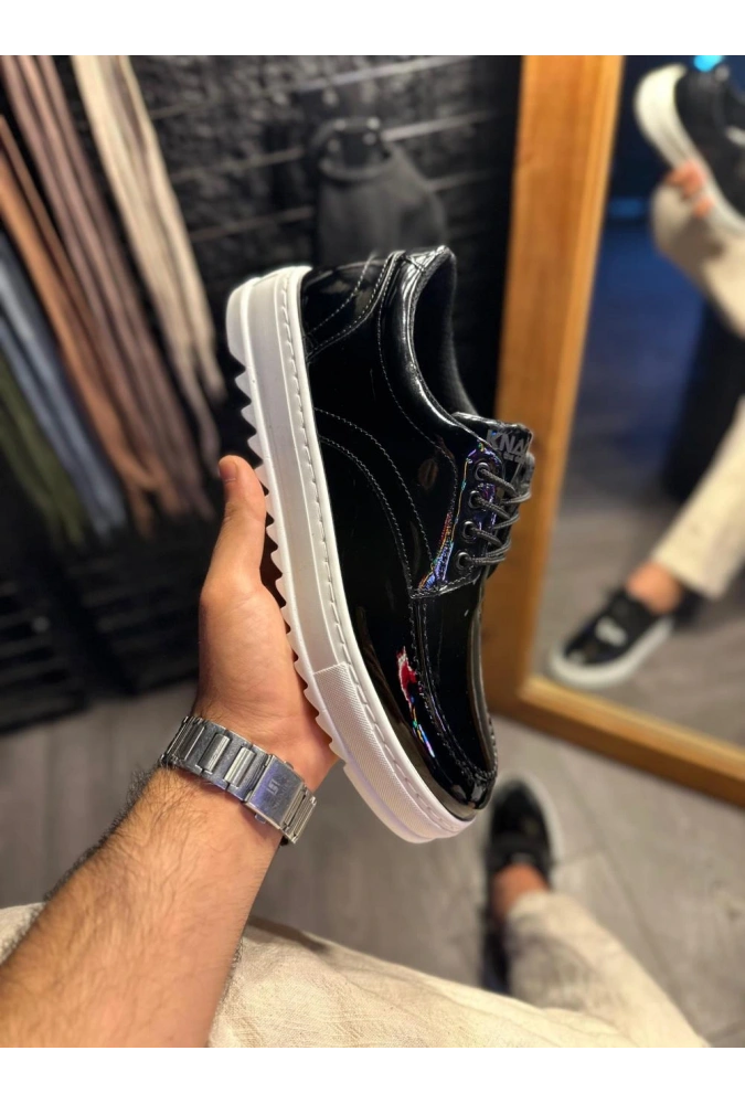 Shoecide Günlük Ayakkabı T12 Siyah Rugan (beyaz Taban)