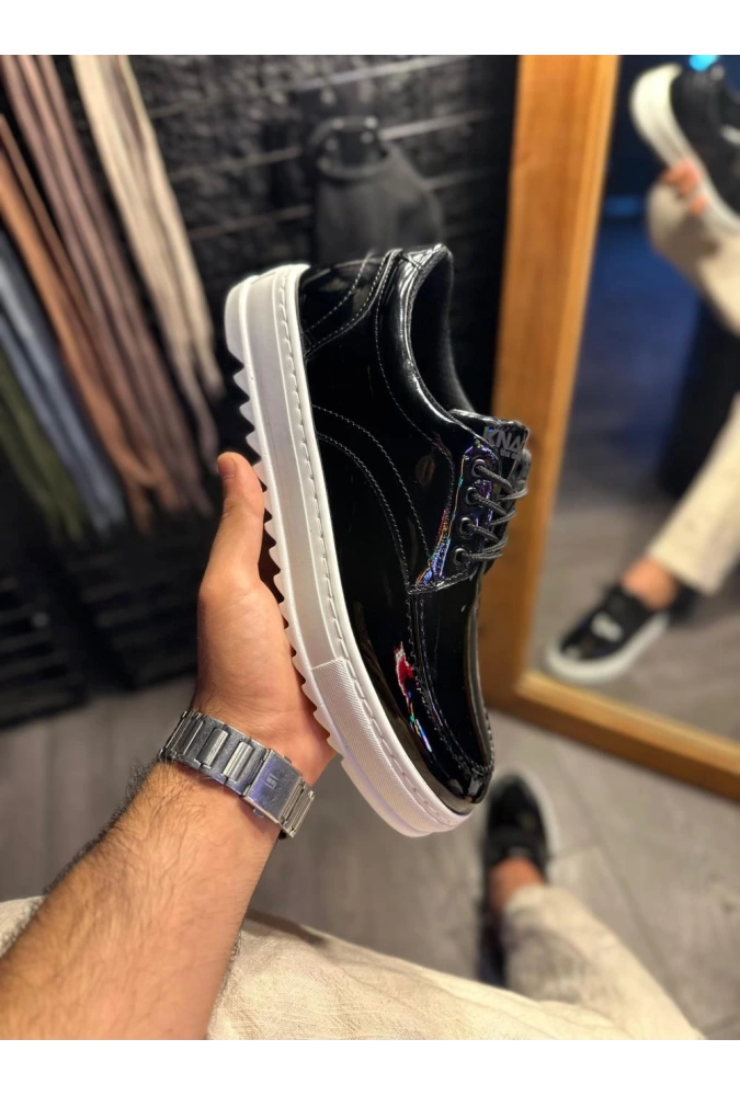 Shoecide Günlük Ayakkabı T12 Siyah Rugan (beyaz Taban)