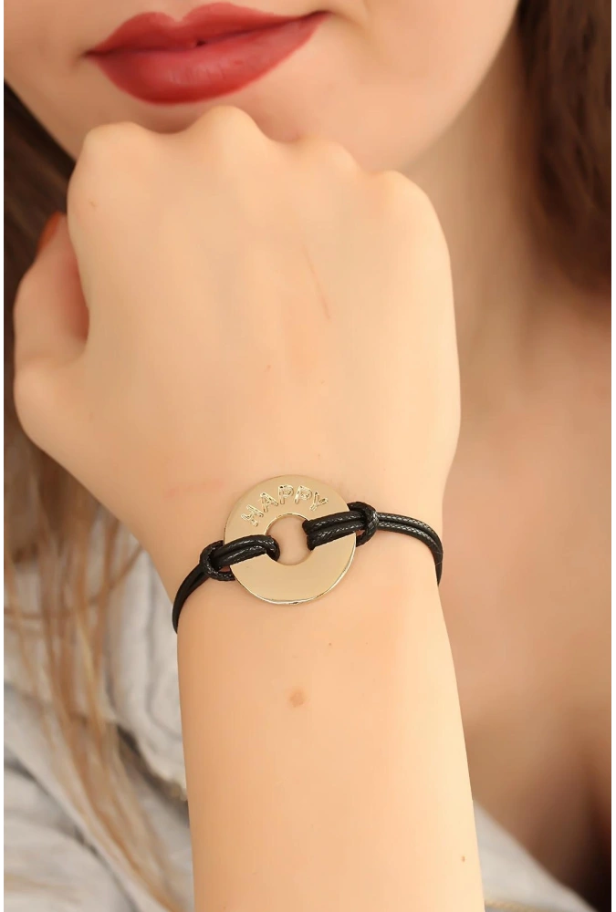 Shoecide Happy (mutlu) Siyah Deri İpli Unisex Mood Bileklik