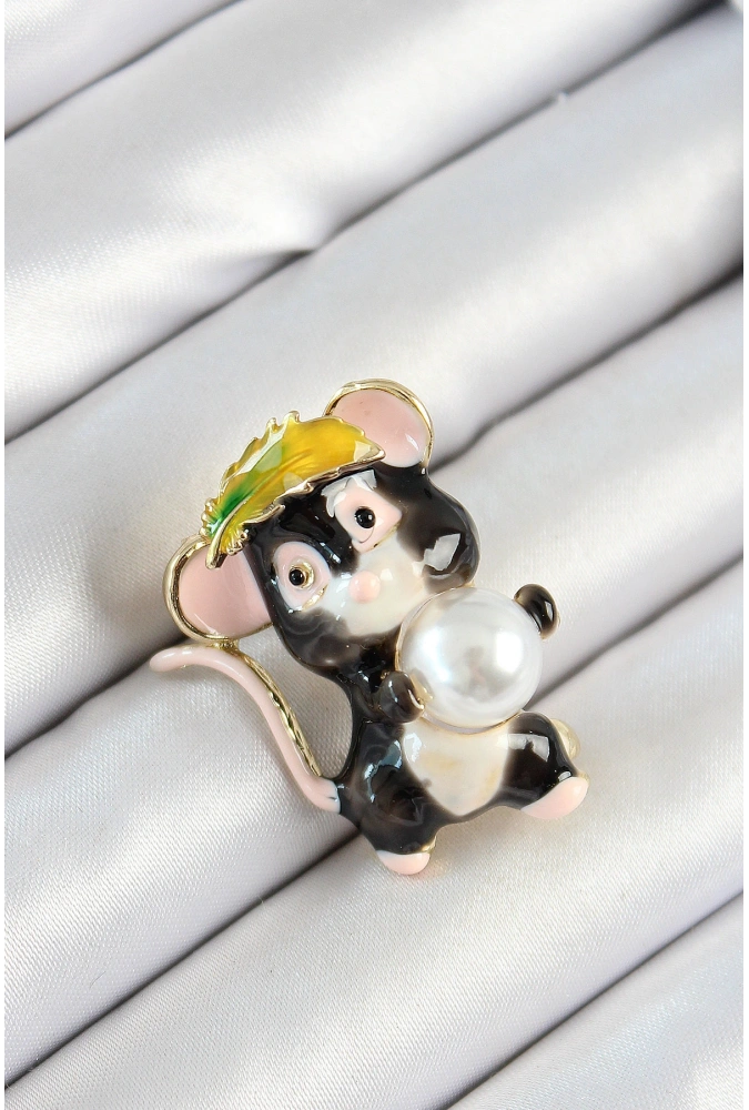 Shoecide İnci Detaylı Siyah Ve Pembe 3d Sevimli Fare Figürlü Gold Renk Kadın Broş