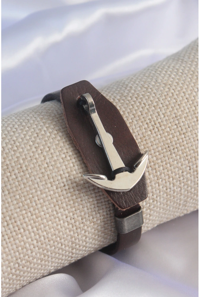 Shoecide Kahverengi Deri Model Gümüş Renk Çapa Figür Erkek Bileklik