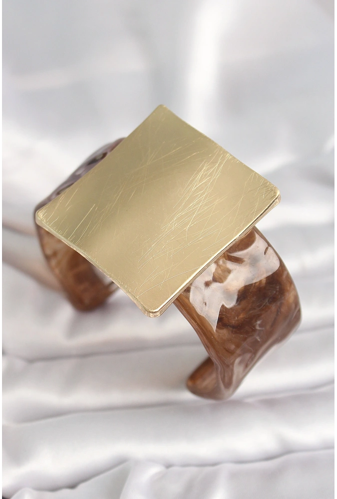 Shoecide Kahverengi Mermer Desen Akrilik Plastik Gold Kare Plaka Model Vintage Kadın Bilezik