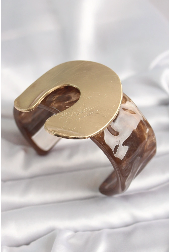 Shoecide Kahverengi Mermer Desen Akrilik Plastik Gold Nal Model Plaka Vintage Kadın Bilezik