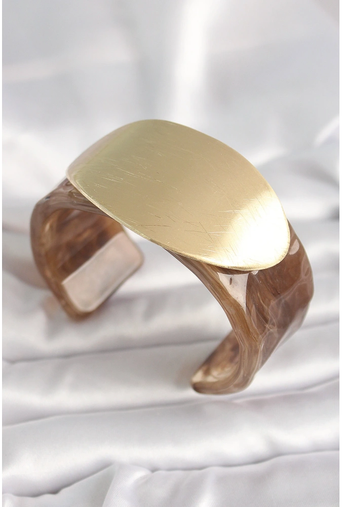 Shoecide Kahverengi Mermer Desen Akrilik Plastik Gold Oval Plaka Model Vintage Kadın Bilezik