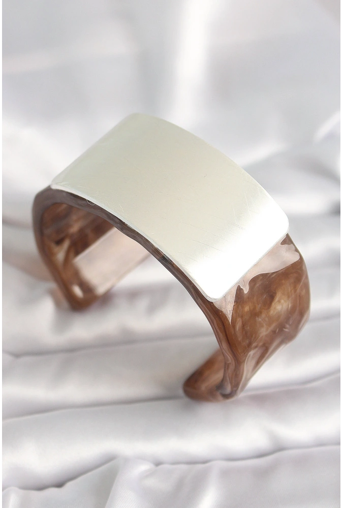 Shoecide Kahverengi Mermer Desen Akrilik Plastik Gümüş Dikdörtgen Plaka Vintage Kadın Bilezik