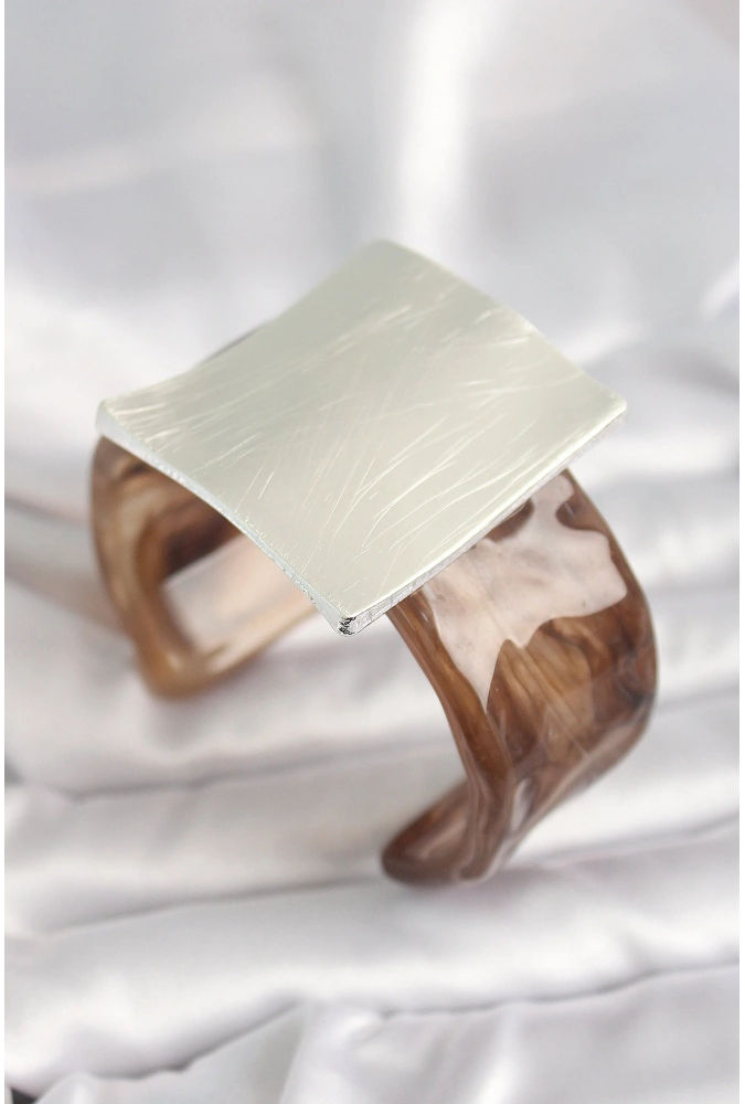 Shoecide Kahverengi Mermer Desen Akrilik Plastik Gümüş Kare Plaka Model Vintage Kadın Bilezik