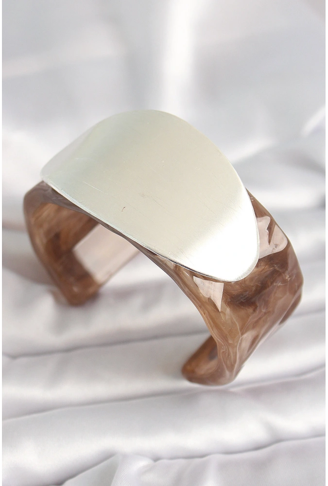 Shoecide Kahverengi Mermer Desen Akrilik Plastik Gümüş Oval Plaka Model Vintage Kadın Bilezik