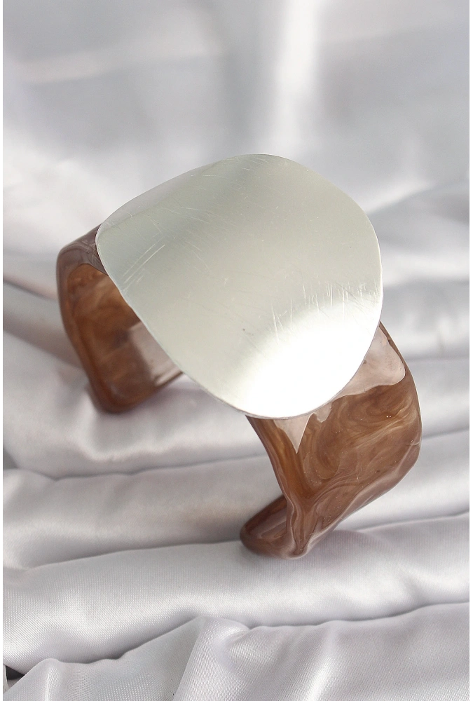 Shoecide Kahverengi Mermer Desen Akrilik Plastik Gümüş Plaka Model Vintage Kadın Bilezik