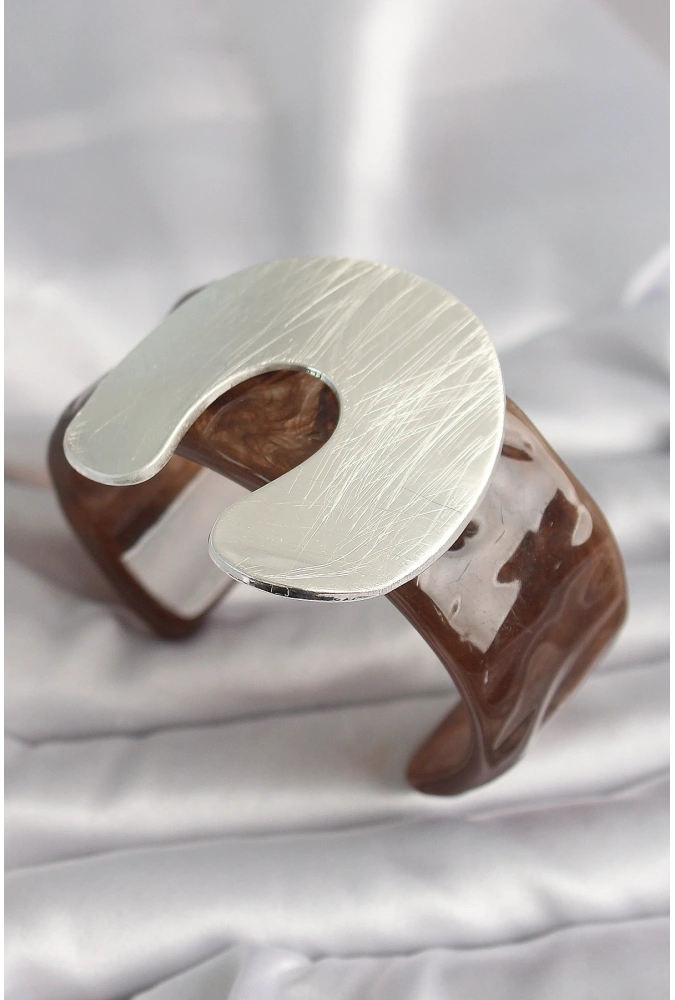 Shoecide Kahverengi Mermer Desen Akrilik Plastik Gümüş Plaka Model Vintage Kadın Bilezik