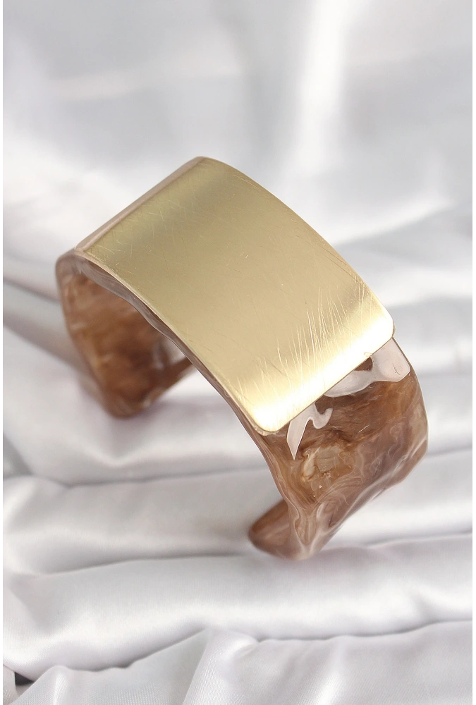 Shoecide Kahverengi Mermer Desen Akrilik Platik Gold Dikdörtgen Plaka Model Vintage Kadın Bilezik