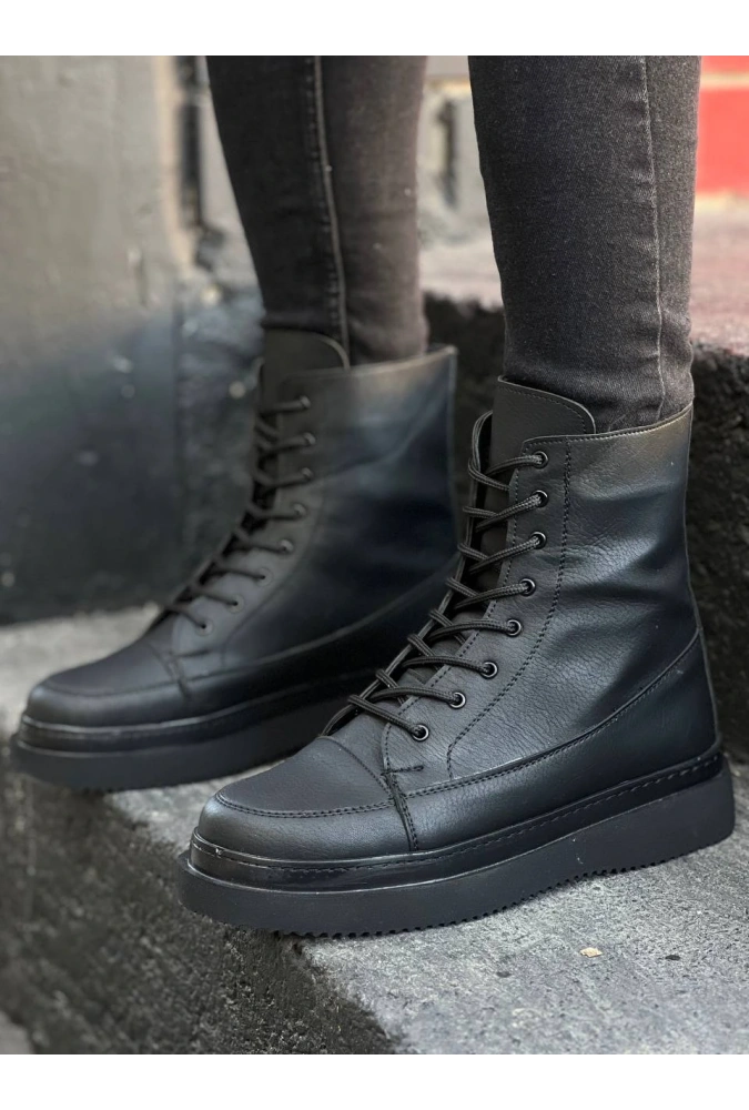 Shoecide Kb-0991 Siyah Cilt Siyah Taban Yüksek Taban  Bağcıklı  Postal Bot