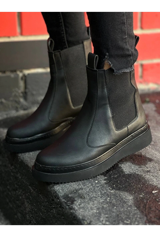 Shoecide Kb-0992 Siyah Cilt Siyah Yüksek Taban  Lastikli Erkek Bot