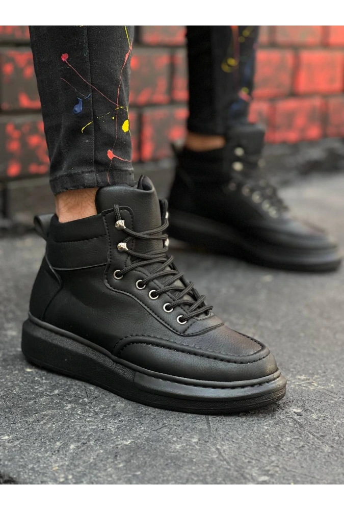 Shoecide Kb-0994 Siyah Cilt  Siyah  Yüksek Taban  Erkek Bilek Bot