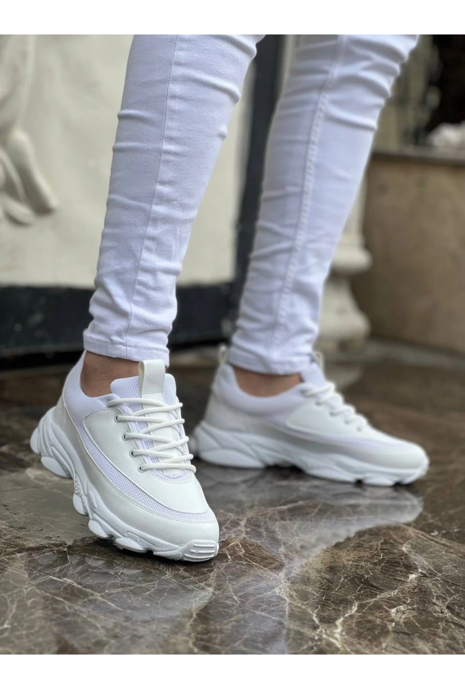 Shoecide Kb-707 Beyaz Cilt Yüksek Taban Bağcıklı Günlük Erkek Ayakkabı