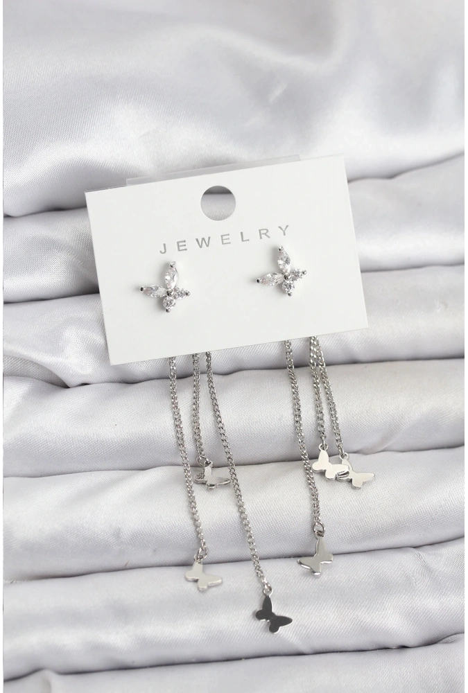 Shoecide Kelebek Model Gümüş Renk Pirinç Sallantılı Kadın Küpe