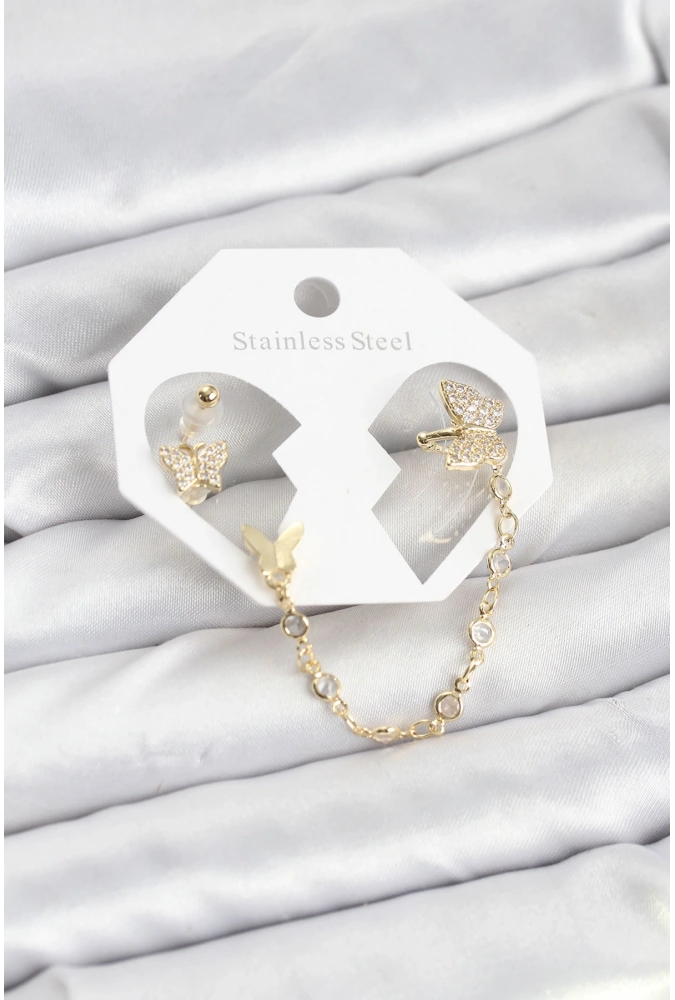 Shoecide Kelebek Model Pirinç Gold Renk Zincir Bağlantılı Ear Cuff Küpe Seti
