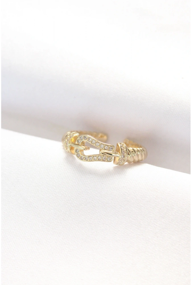 Shoecide Kemer Tokası Tasarımlı Gold Renk Zirkon Taşlı Ayarlanabilir Yüzük