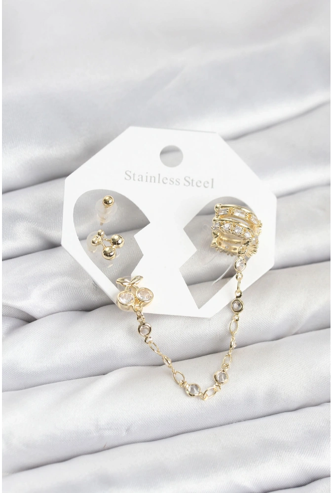Shoecide Kiraz Model Pirinç Gold Renk Zincir Bağlantılı Ear Cuff Küpe Seti