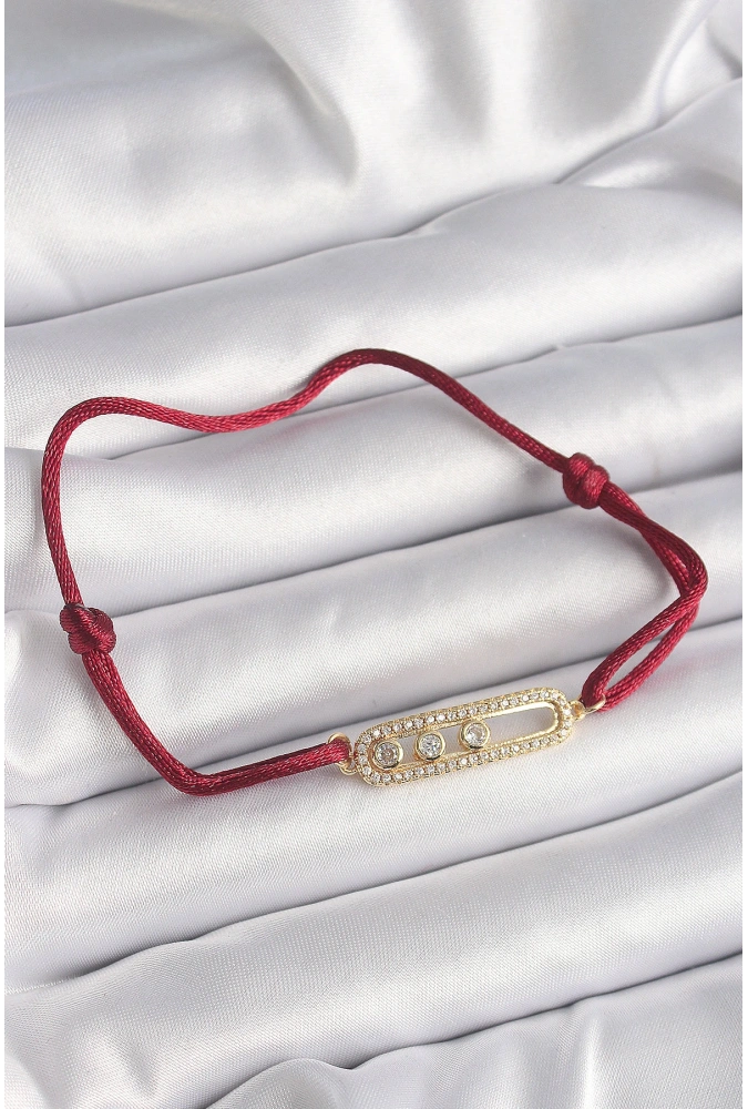 Shoecide Kırmızı İpli Asansörlü Zirkon Taşlı Gold Messika Model Kadın Bileklik