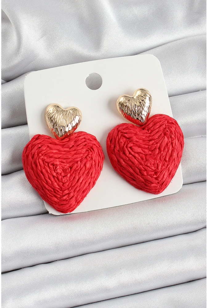Shoecide Kırmızı Kalp Figürlü Hasır Örgü Model Gold Renk Kadın Küpe