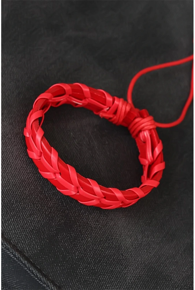 Shoecide Kırmızı Örgü Deri Erkek Bileklik