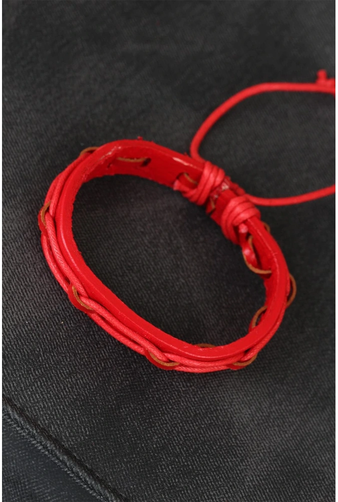Shoecide Kırmızı Renk Ayarlamalı İpli Deri Erkek Bileklik