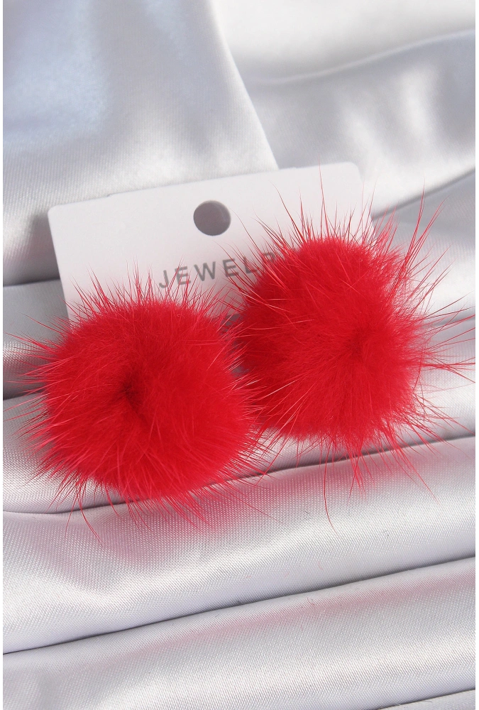 Shoecide Kırmızı Tüylü Ponpon Model Kadın Küpe