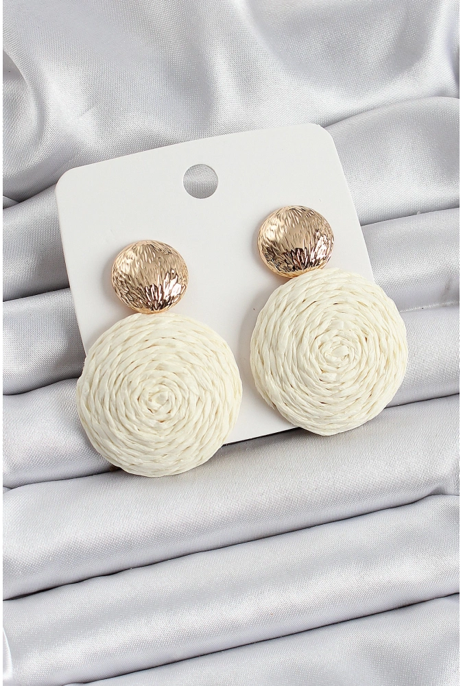 Shoecide Krem Daire Figürlü Hasır Örgü Model Gold Renk Kadın Küpe