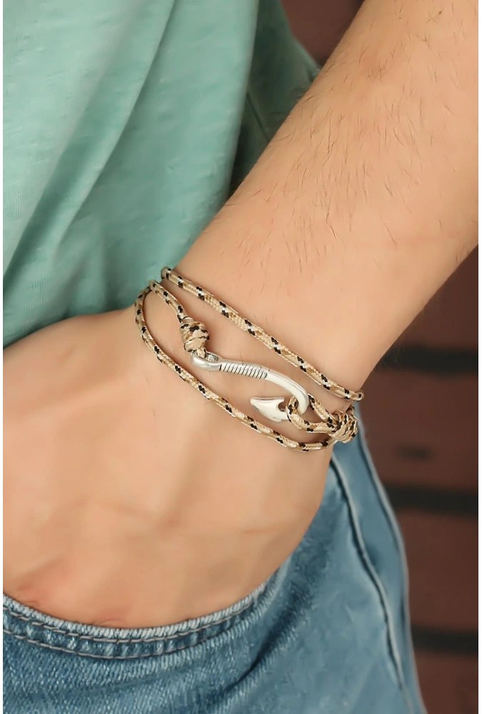 Shoecide Krem Renk Çizgi Desenli Metal Kancalı Erkek Bileklik