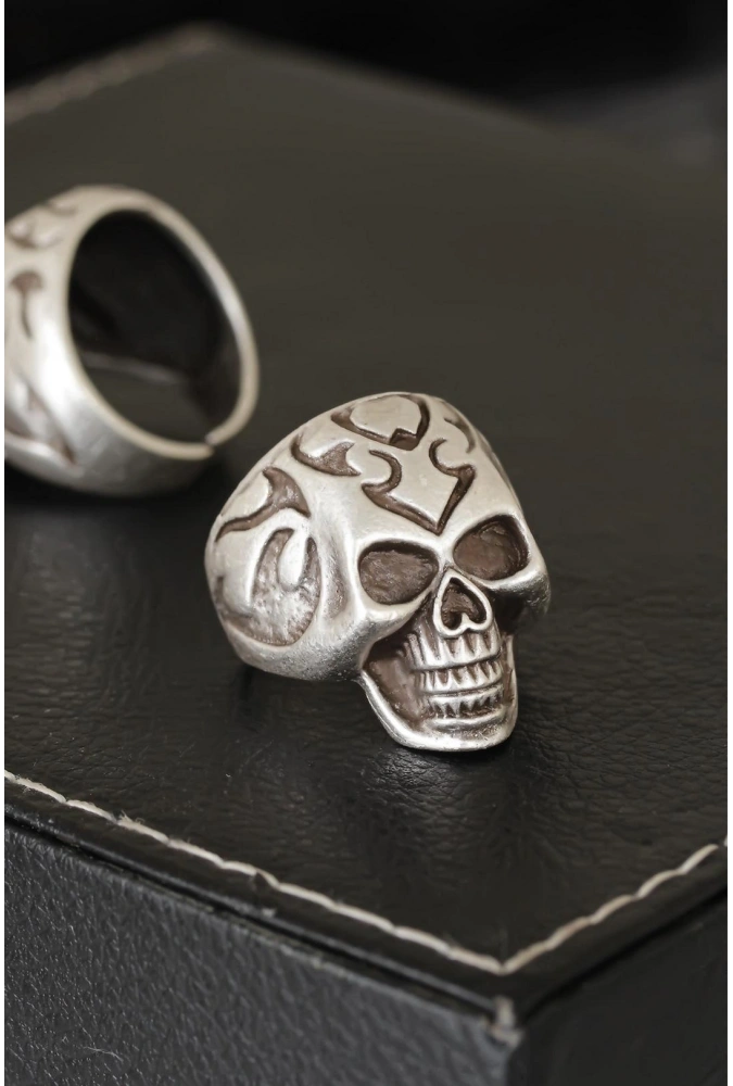 Shoecide Kuru Kafa Tasarımlı Eskitme Gümüş Desenli Ayarlamalı Model Erkek Yüzük