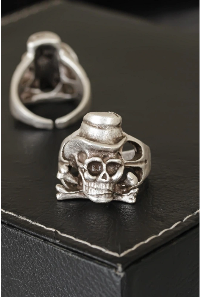 Shoecide Kuru Kafa Tasarımlı Eskitme Gümüş Renkli Ayarlamalı Model Erkek Yüzük